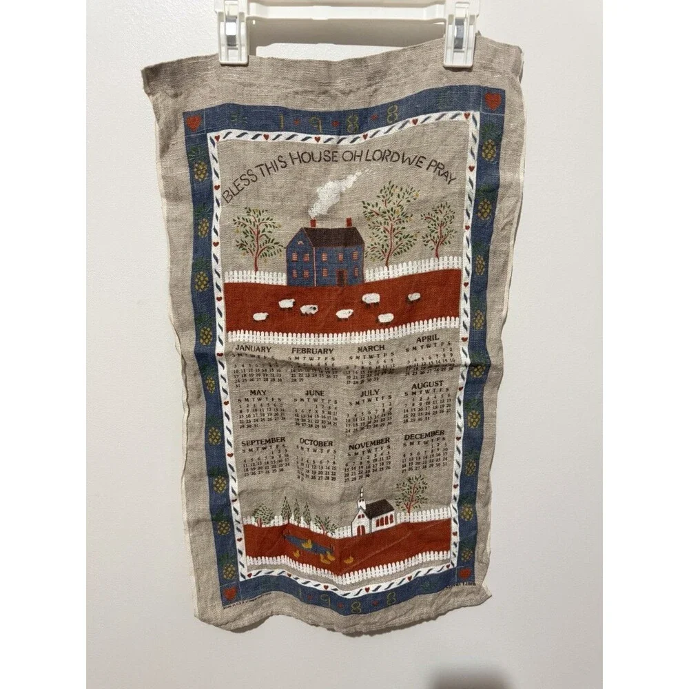 Vintage 1988 Calendar Kitchen Hanging Tea Towel Linen Beige Bless This House